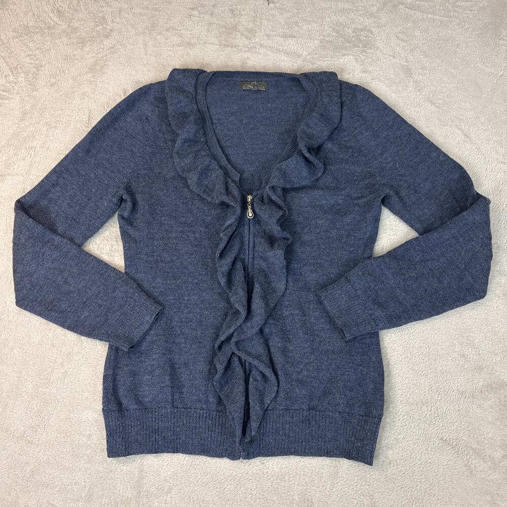 Classic Alpaca Sweater Womens Zip Front Cardigan Ruffle Blue L Baby Alpaca